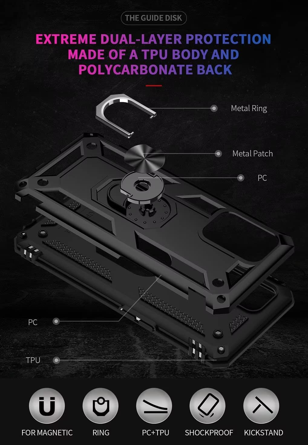 CRAVEN Custodia in stile punk per Xiaomi Redmi Note 12 Pro + (Note 12 Pro Plus), robusta cover ibrida TPU Liner + guscio in PC, custodia antiurto antigraffio con supporto pieghevole. nero
