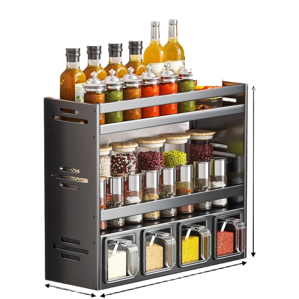 Lecreatekit Gewürzregal aus Aluminium, zur Wandmontage, kein Bohren, Küchen-Organizer mit verstellbaren Fächern, rostfreies Aufbewahrungsregal, Gunmetal