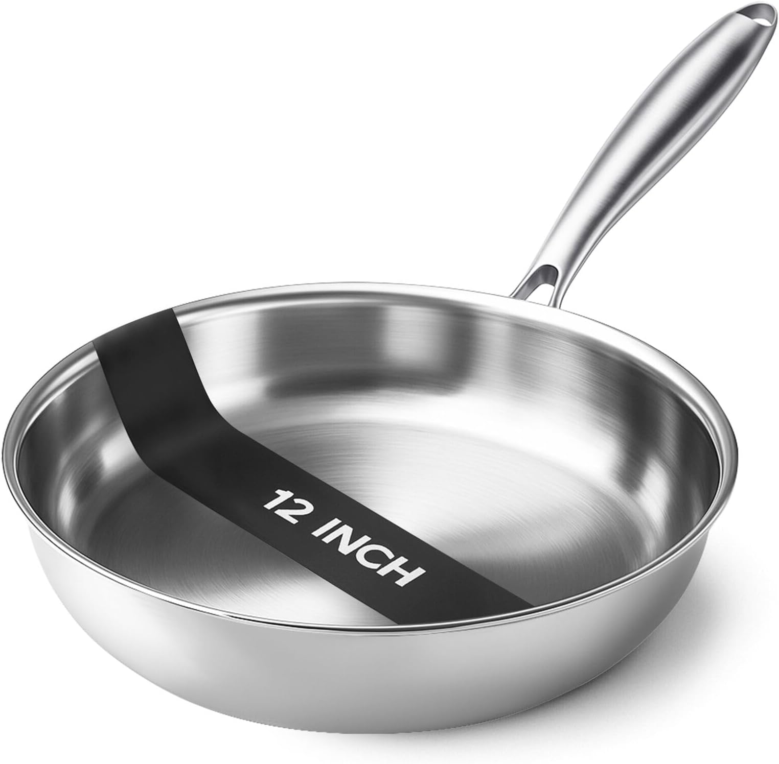 Tri-Ply Stainless Steel Pan - 12 Inch Frying Pan, Fast and Even Heat Stainless Steel Skillet, Induction Cookware, Dishwasher and Oven Safe Skillet