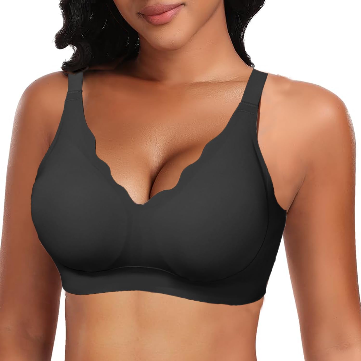 Seamless Bras for Women, Comfort No Underwire Scalloped Push Up Bras V Neck Wireless Full Coverage Everyday Bra