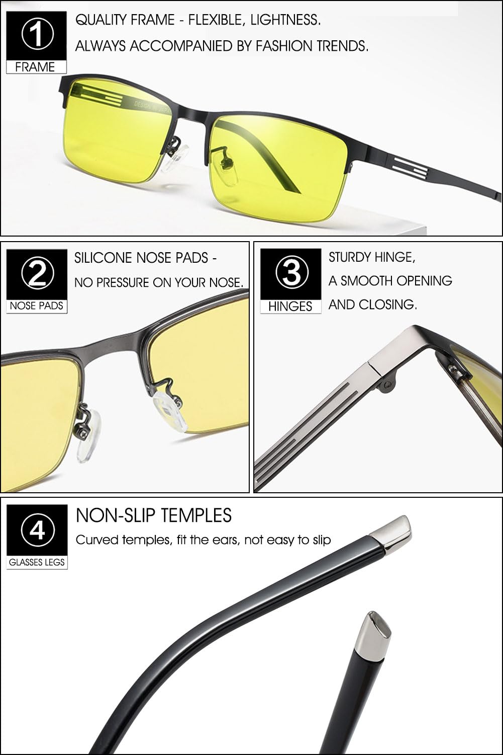 VEVESMUNDO Nachtsichtbrille Selbsttönende Getönte Metall Rechteckig Sonnenbrille Nachtfahrbrille Autofahrbrille für Autofahrer Herren