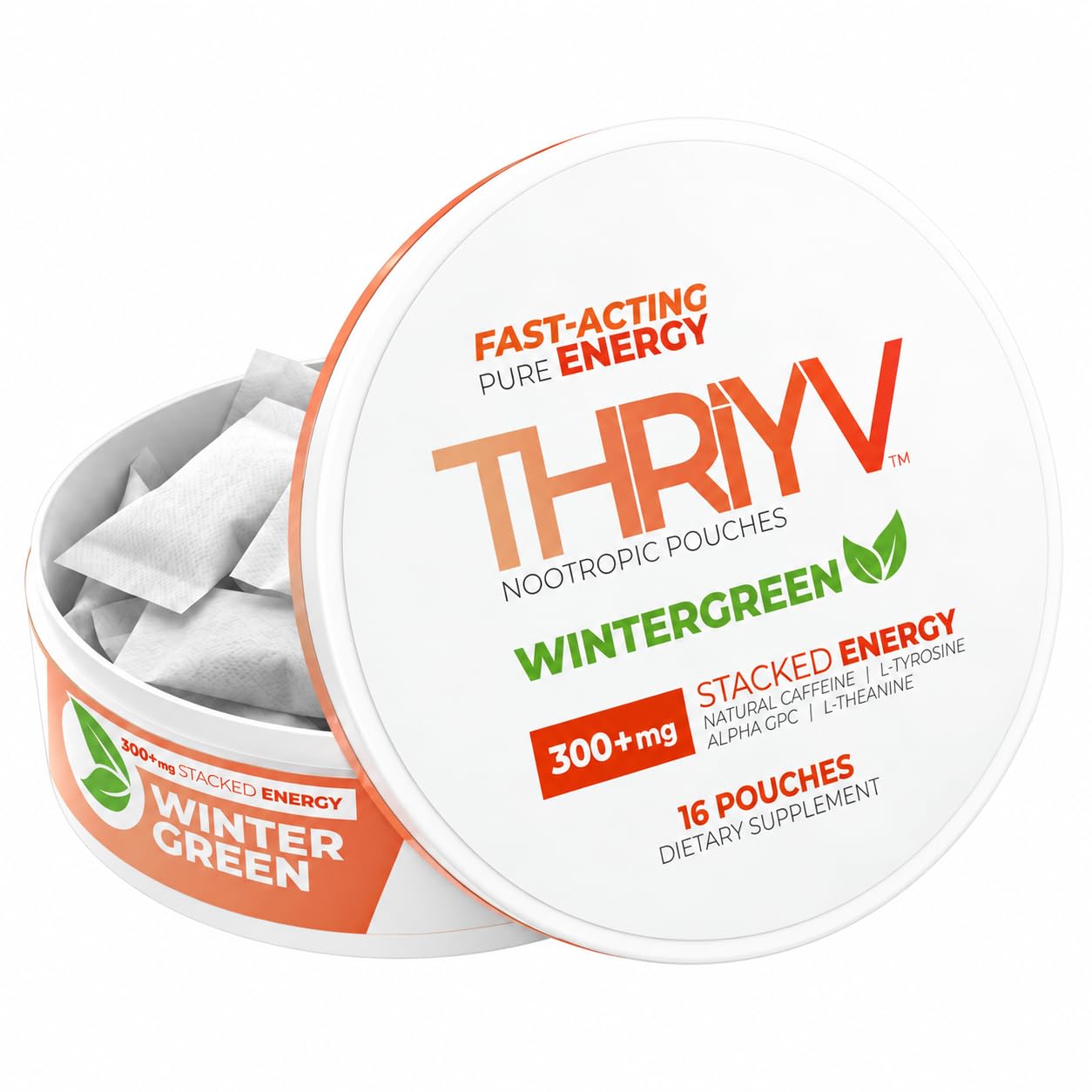 THRIYV Wintergreen Nootropic Energy Pouches, 50mg Caffeine, 16 Count