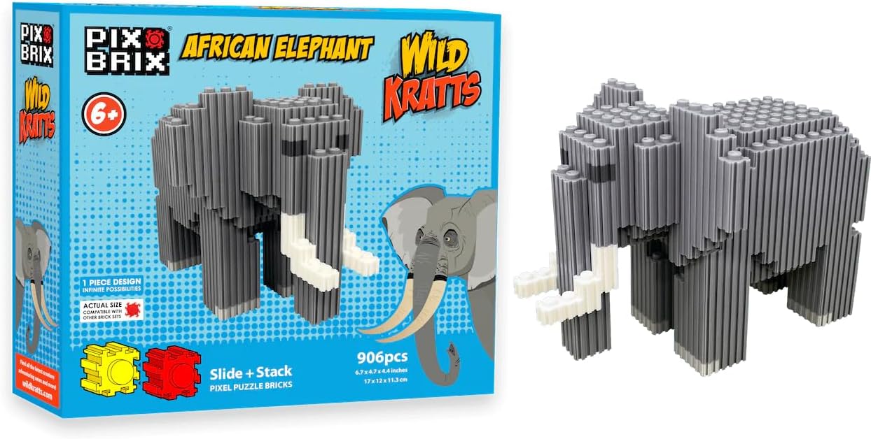 Pix Brix - Toy Pixel Art Kit - African Elephant, 906 Pieces - Patented Slide + Stack Pixel Puzzle Building Bricks, Build & Collect Animals - Stem Toys, Ages 6 Plus