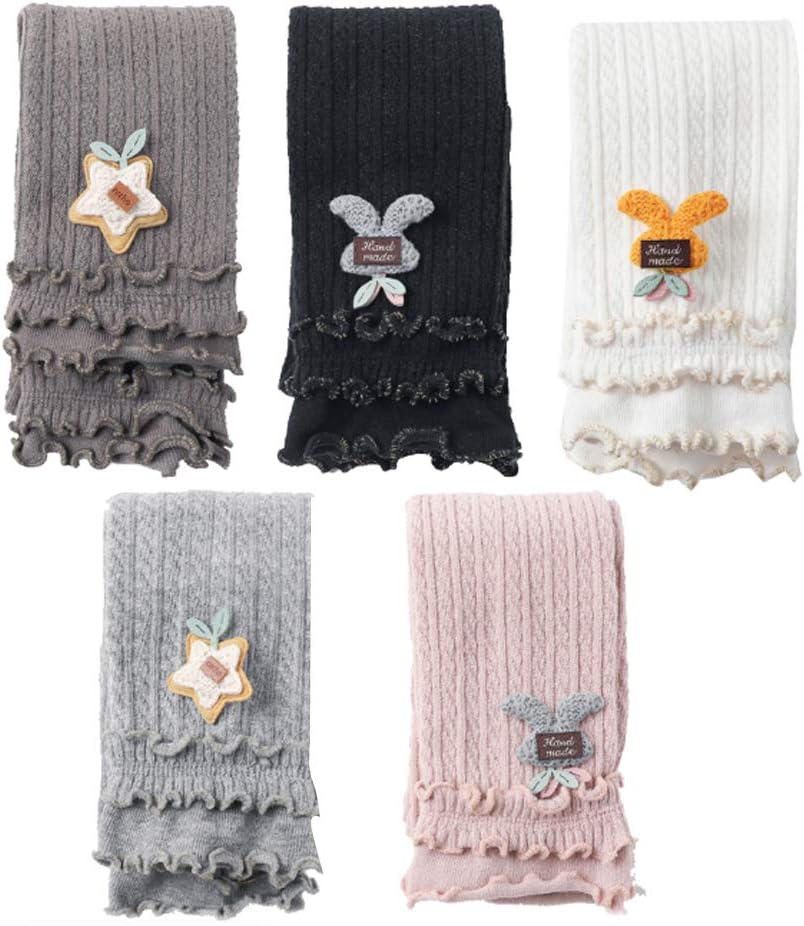 5 Packs Little Baby Girls Knit Footless Tights with Ruffle Cute Cartoon Pattern Ankle Length Leggings for Kids