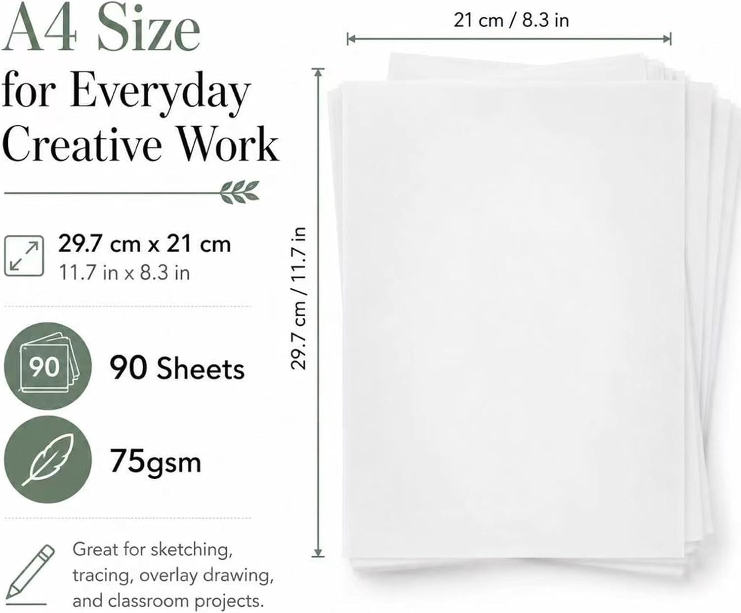 Tracing Paper 75gsm Transparent Vellum Paper Transparent Sketch Paper Translucent Tracing Paper for Drawing Sewing Architectural Drafting and Art Overlays 11.7x8.3 Inch 90 Sheets