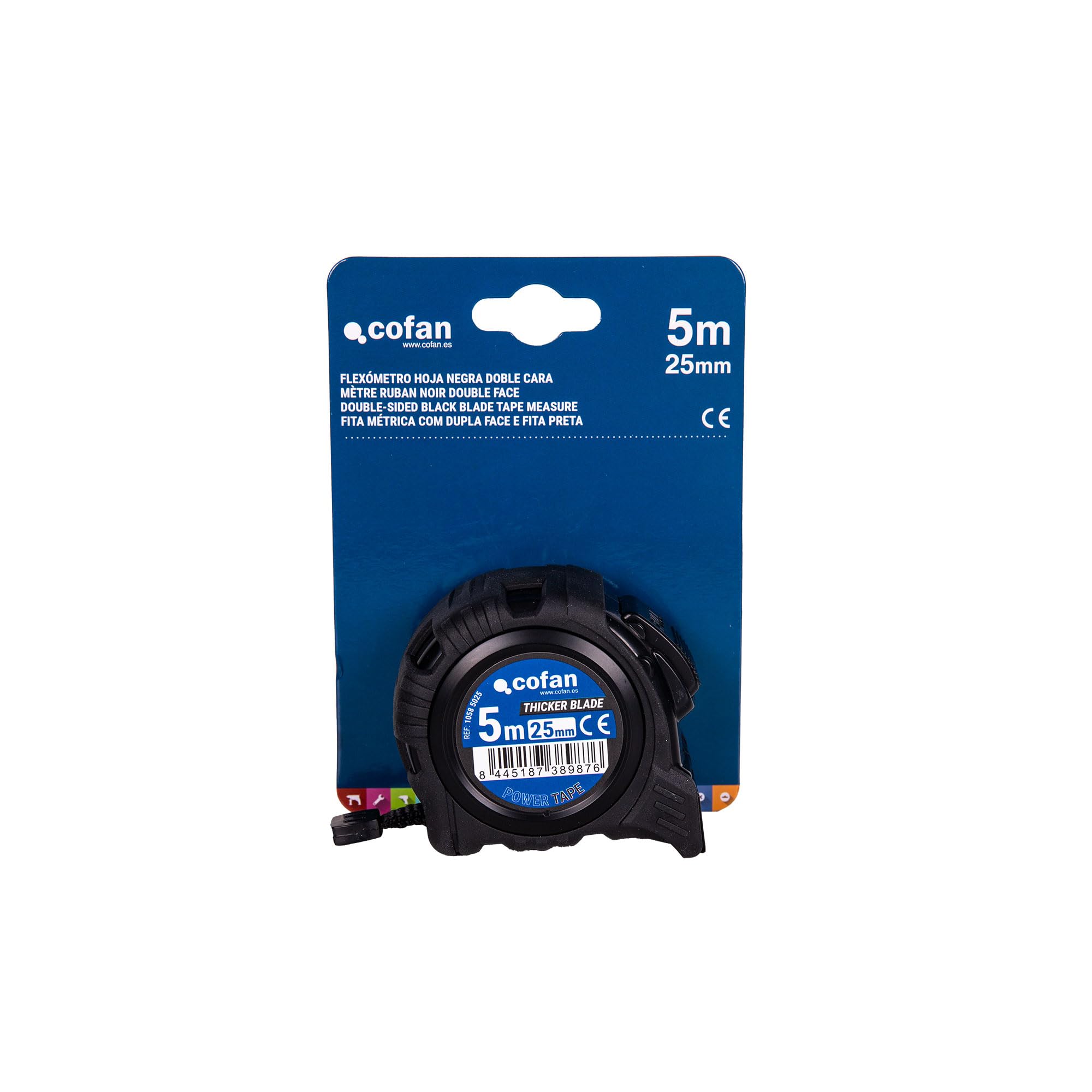 Cofan Espositore per flessometri con foglio di nylon nero e stampa bianca con doppio lato di Cofan | Include 6 flessometri | Misura 5 m o 8 m | Lama 25 mm (6, 5 m x 25 mm)