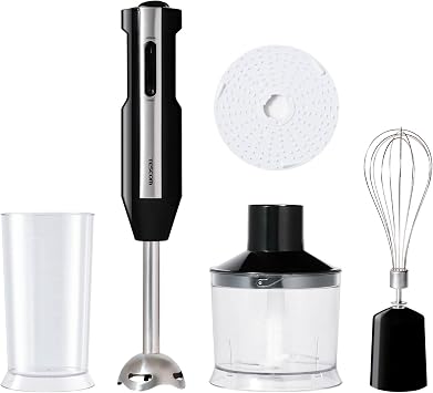 TECOM TBL50A-K Hand Blender, 6-in-1, Crush, Grate, Froth High Power, 400 W, Soup/Frozen/Dressing Cord Length 5.9 ft 1.7 m, Easy Drain Plug, Black