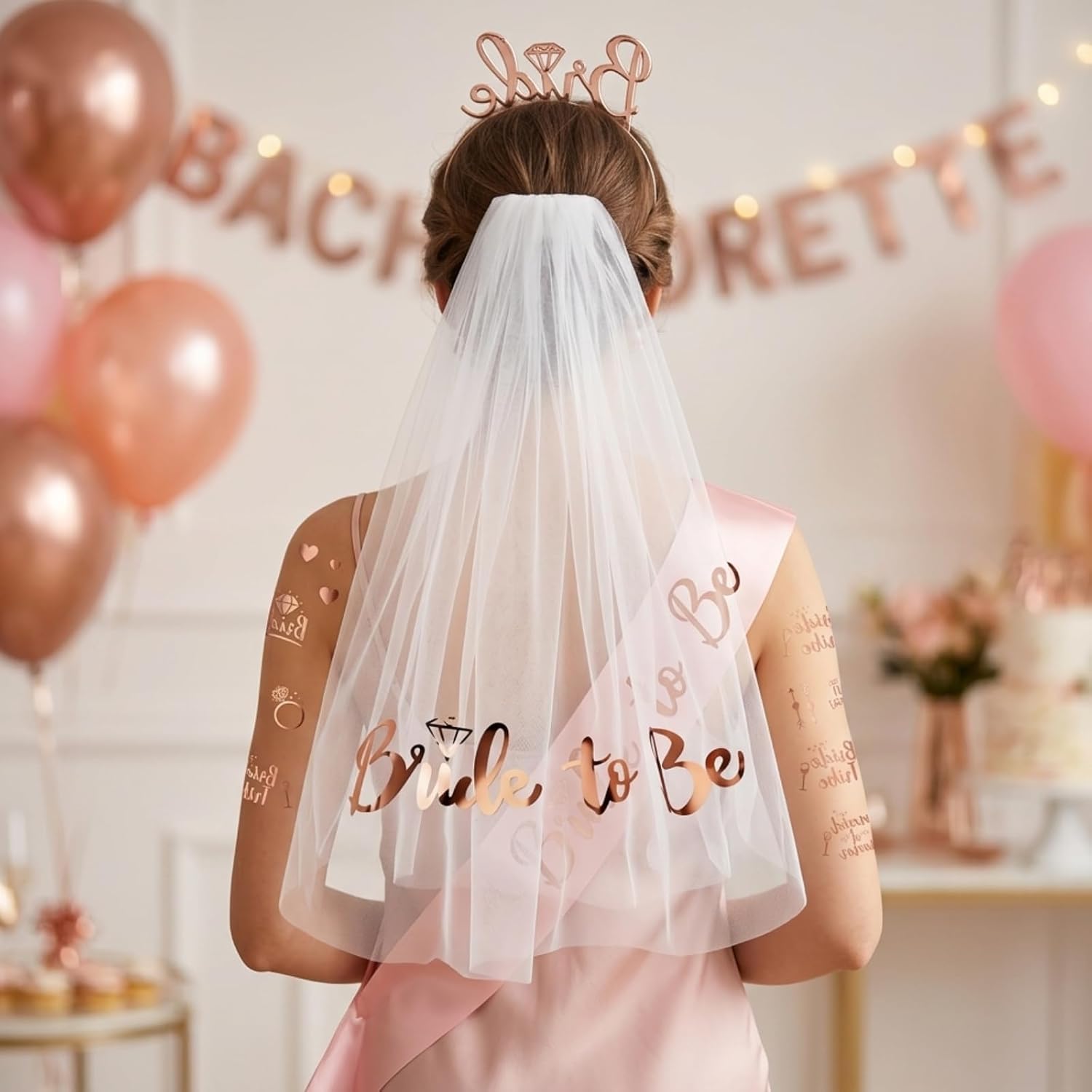 Bride to Be Bachelorette Party Decorations Set, Bride Sash Headband Veil for Women Bridal Shower Accessories, Bachelorette Party Gifts (Rose Gold)