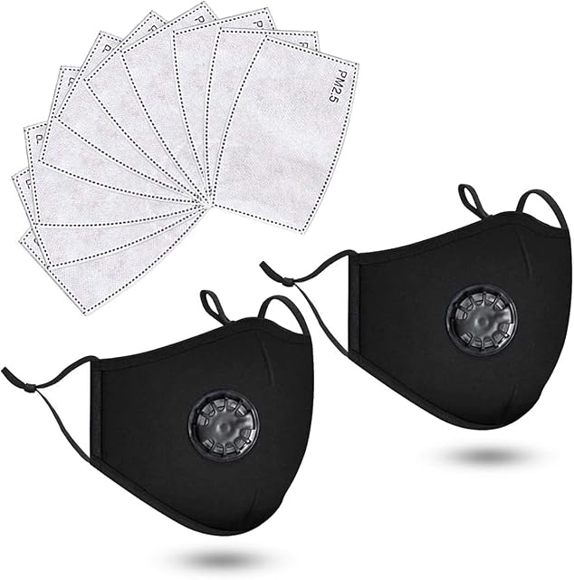 Pack of 2 Cotton Dust Protective Face Mask with Breathable Filter and 5x Carbon Air Filters - Washable & Reusable Soft Mouth Protector with Adjustable Straps (Black)