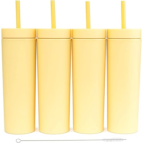 STRATA CUPS SKINNY TUMBLERS (4 pack) 16oz Matte Yellow Colored Acrylic Tumblers with Lids and Straws | Double Wall Plastic Tumbler With Lid and Straw bulk Cold Reusable Cup
