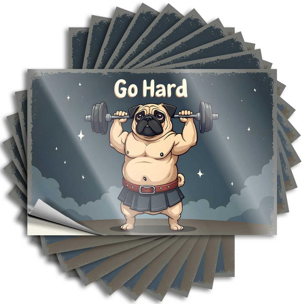 Funny Sticker Outdoor Bar Decor Easy Apply | Go Hard: The Muscular Pug's Fitness Journey Happy Window Peel and Stick(8X12CM)