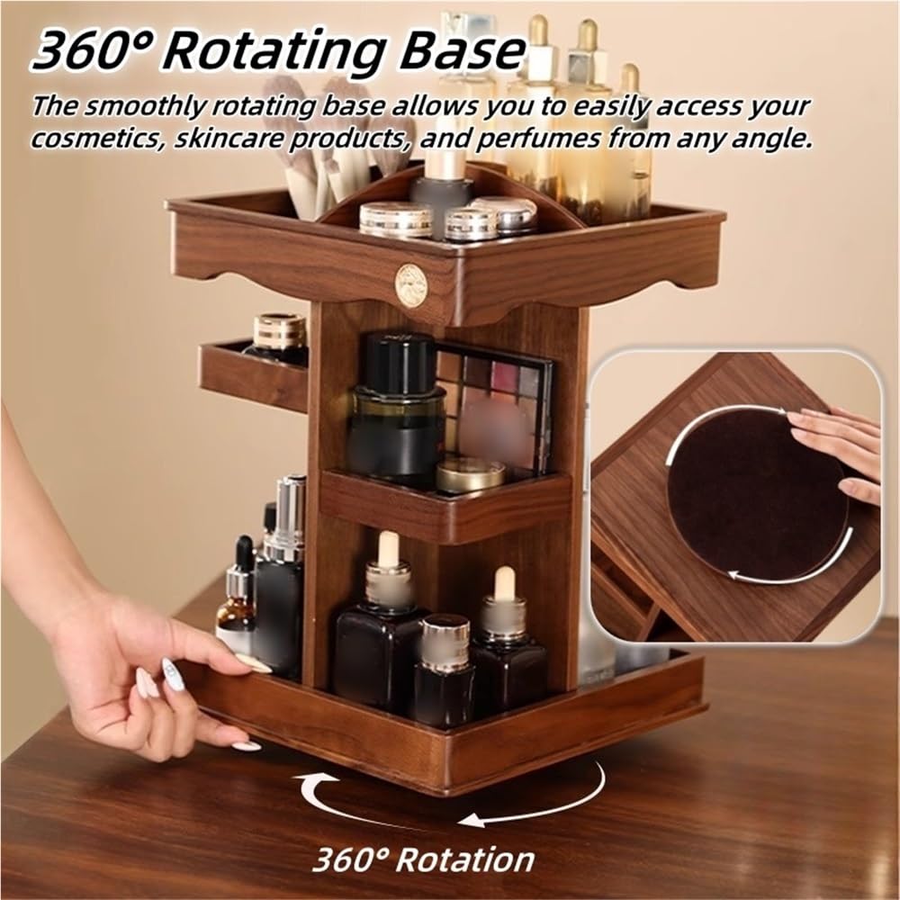 Organizzatore rotante per trucco con porta pennelli, organizer quadrato da banco in legno, per cosmetici, cura della pelle, profumi, rossetti, camera da letto