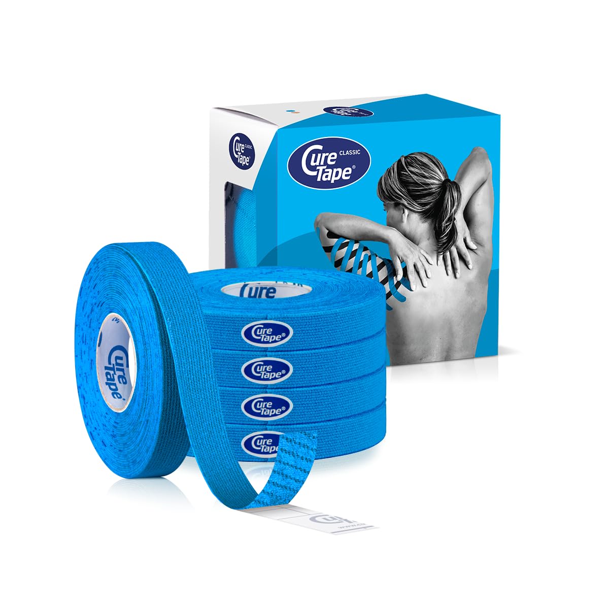 CureTape Classic Tape Kinésiologique 1 cm x 5 m Lot de 5 - Tape Physio Étroit pour Applications Précises & Drains Lymphatiques | Mains, Doigts & Zones Sensibles | Respectueux de la Peau - Bleu