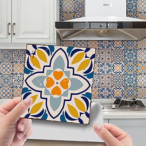 Hiseng 24pcs Wall Tile Stickers, Hiser Square Moroccan Victorian Retro Mosaic Style Waterproof Decals Sticker for Kitchen Living Room Bathroom Home Floor DIY Decor Self-Adhesive (Blue yellow,15x15cm)