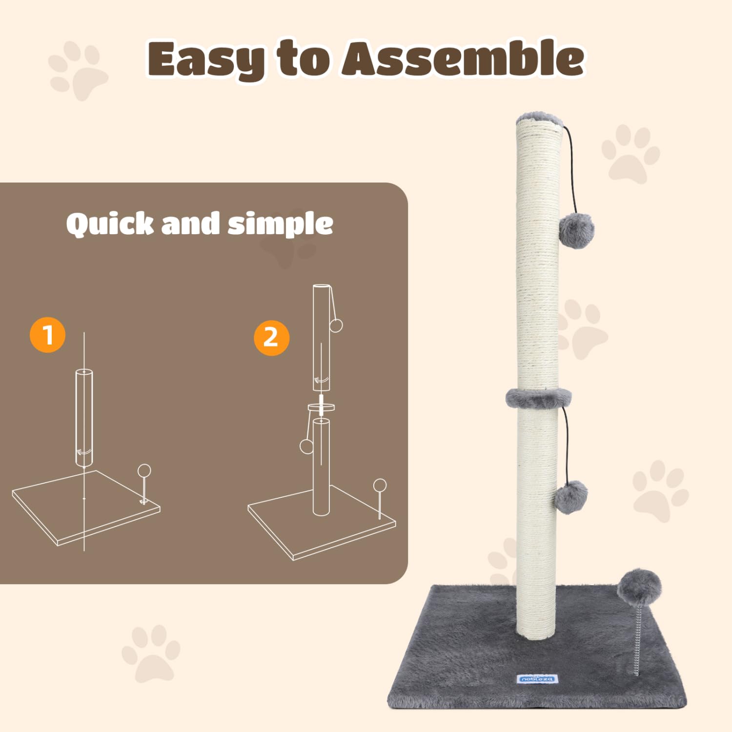 Nobleza Rascador para Gatos, Altura 80 cm, Poste de Rascador para Gatos Medianos y Grandes, Cat Tree con Bola de Juguete Colgante y Pompón de Muelle (Gris)