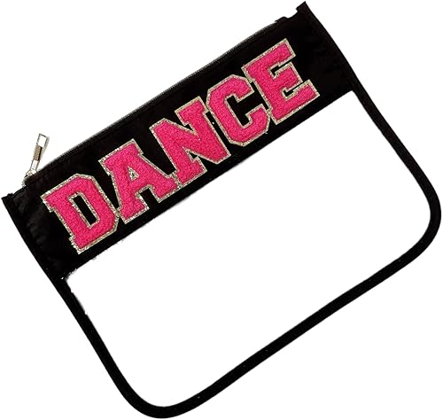 Miniatura 5 de cqoogrlx Bolsa de maquillaje transparente de felpilla con purpurina, parche de letras universitarias con cremallera, bolsa de aseo para viajes,