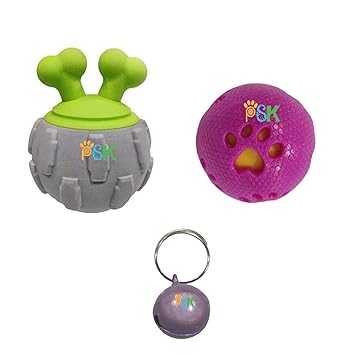 PSK PET MART Squeaky TPR & Foam Made Rubber Ball with Horn Chew Toy for Dogs & Puppies + Hard Squeak Ball in Ball (Combo of 2) Free Radium Bell with This Pack