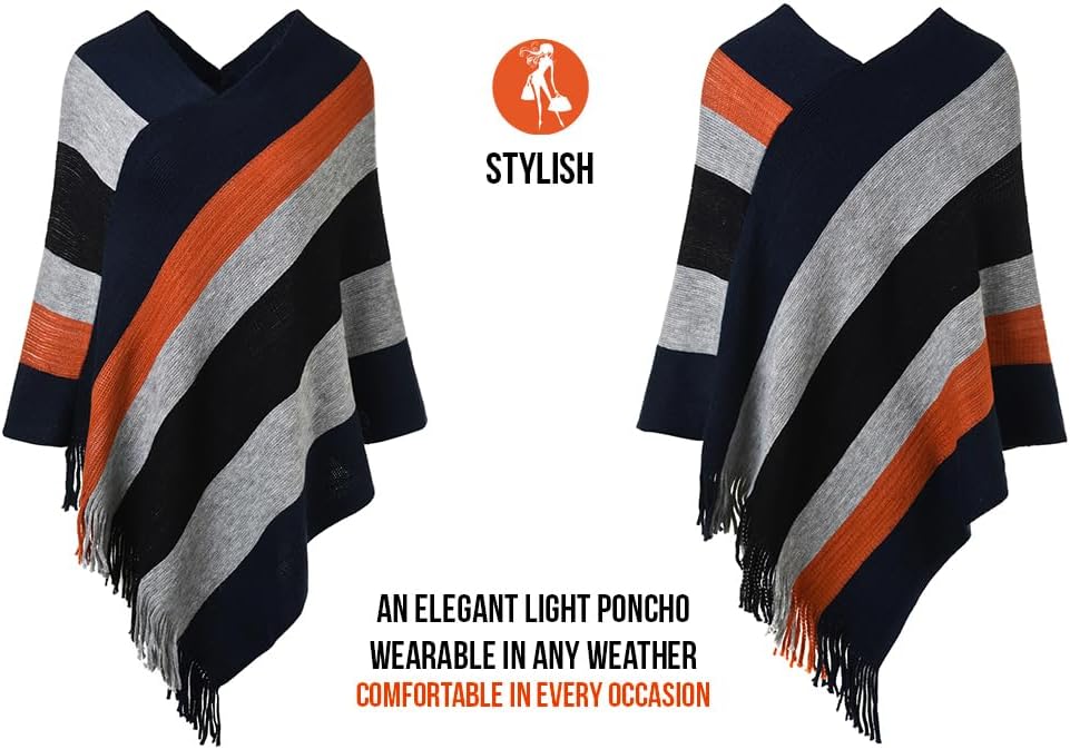 Ferand Women's Striped Poncho Sweater Cozy Knit Fringe Shawl Wraps for Fall Winter - Image 3