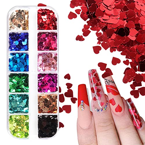 Heart Glitter Sequins for Valentines Day Nail Art 12 Colors 3D Holographic Sparkles Heart Shape Flakes Sticker Confetti Glitter Nail Decals for Nail Decoration Eye Face Body DIY Crafts