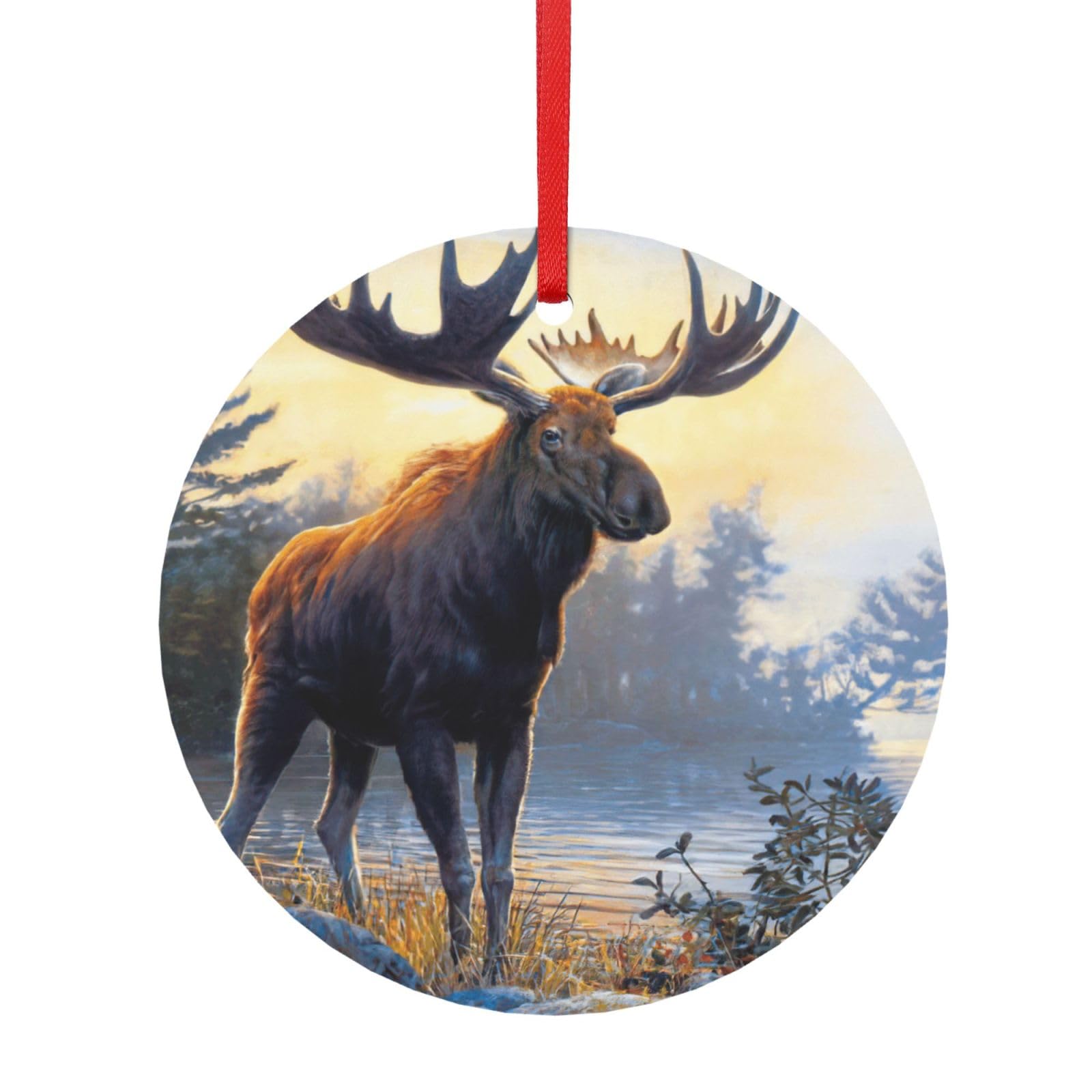 Jejea White Animal Northern Moose Print Christmas Tree Hanging Ornament, Double-Sided Aluminum Round Pendant For Xmas Tree And Holiday