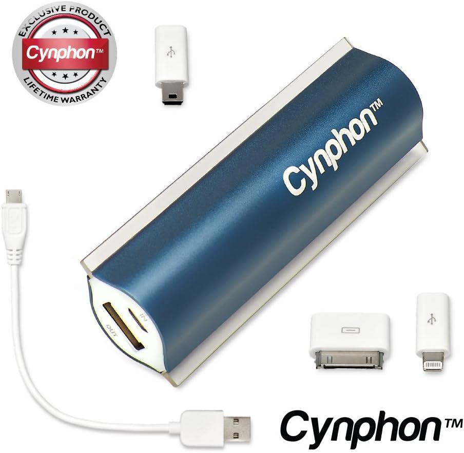Lipstick Sized Portable Charger Power Bank USB Backup Battery Pack - For the Apple iPhone 6, 5, 5S, 5C, 4S, 4, iPod, Samsung Galaxy S3, S4 - FREE iPhone 4 and 5 Adapters, Samsung Smartphone Micro Adapter With USB Cable - "Risk-Free" LIFETIME - Cynphon JumpStart JS-2400 (Navy Blue)