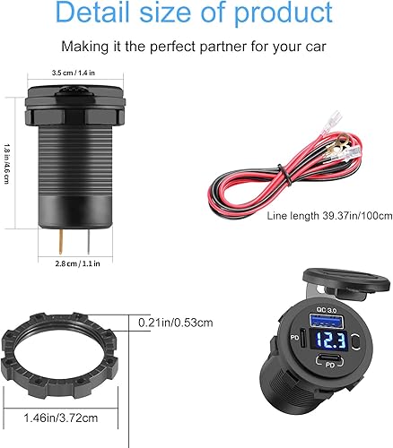Miniatura 5 de Toma de corriente USB de 12 V, enchufe de cargador de coche USB C dual y puerto de carga rápida 3.0 con voltímetro e interruptor de alimentación