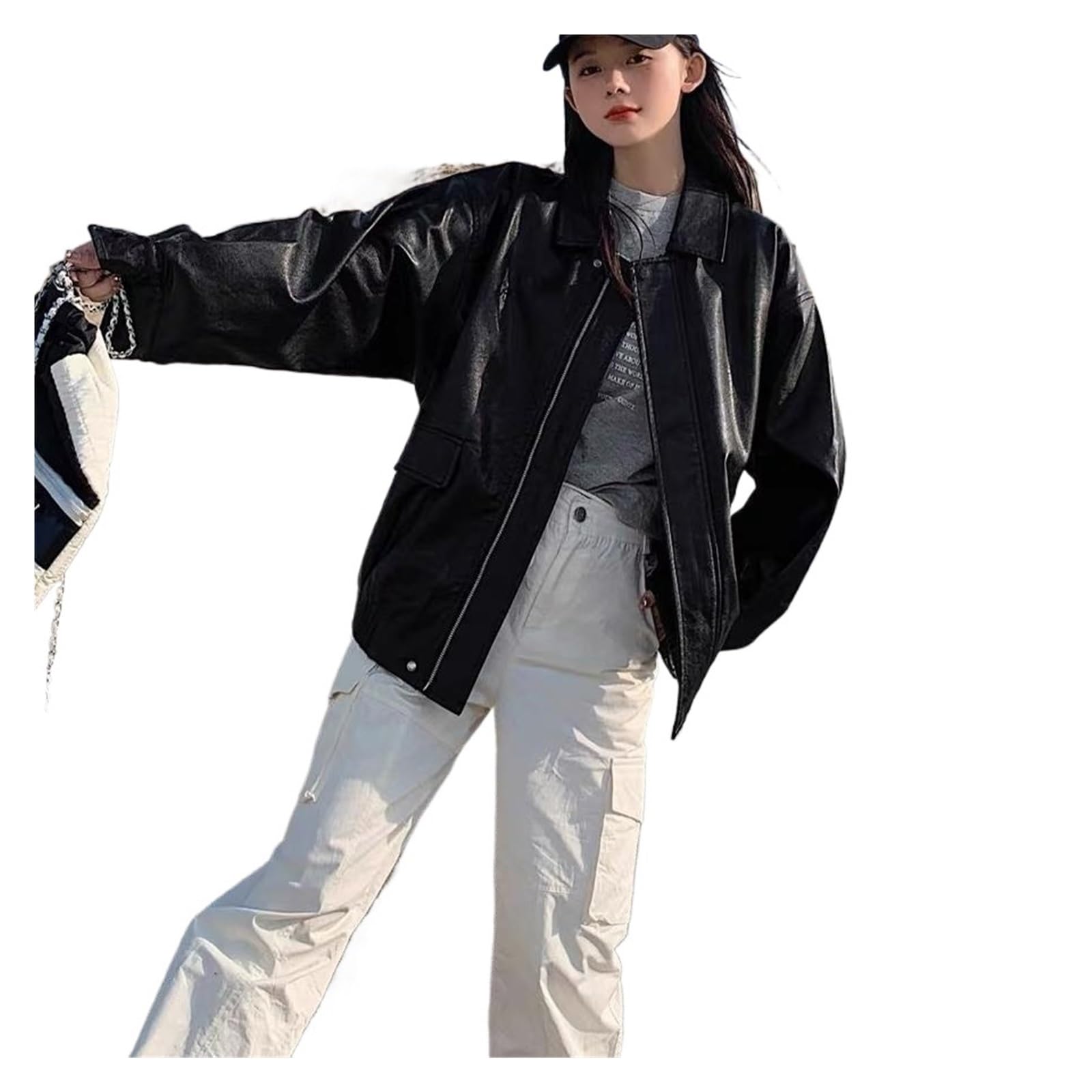 Chaqueta Cuero Mujer Women's Spring Autumn High Loose American Retro Motorcycle Top Para salir