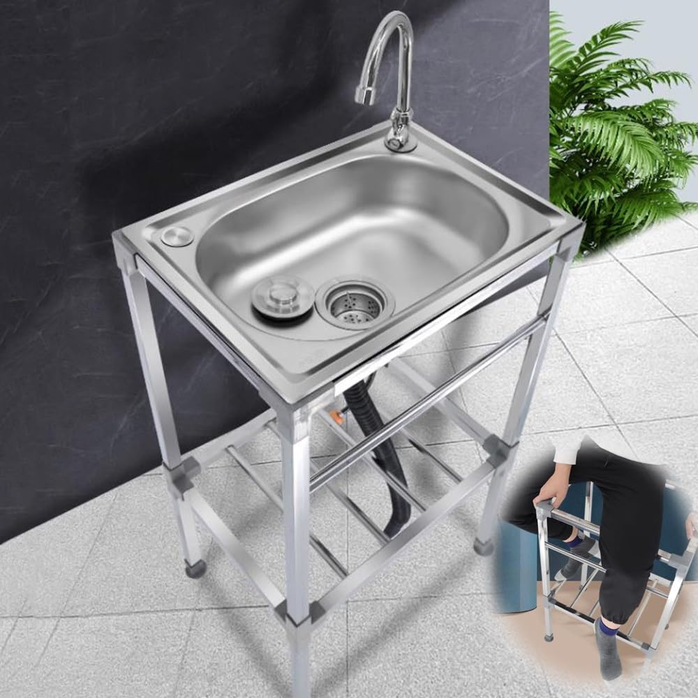KADEUX Stainless Steel Kitchen Sink Set, Simple Restaurant Laundry Sink, Portable Industrial Sink W/Cold Hot Water Pipe, Freestanding Hand Washing Station ( Color : Hot and Cold , Size : 53*38cm/21*15