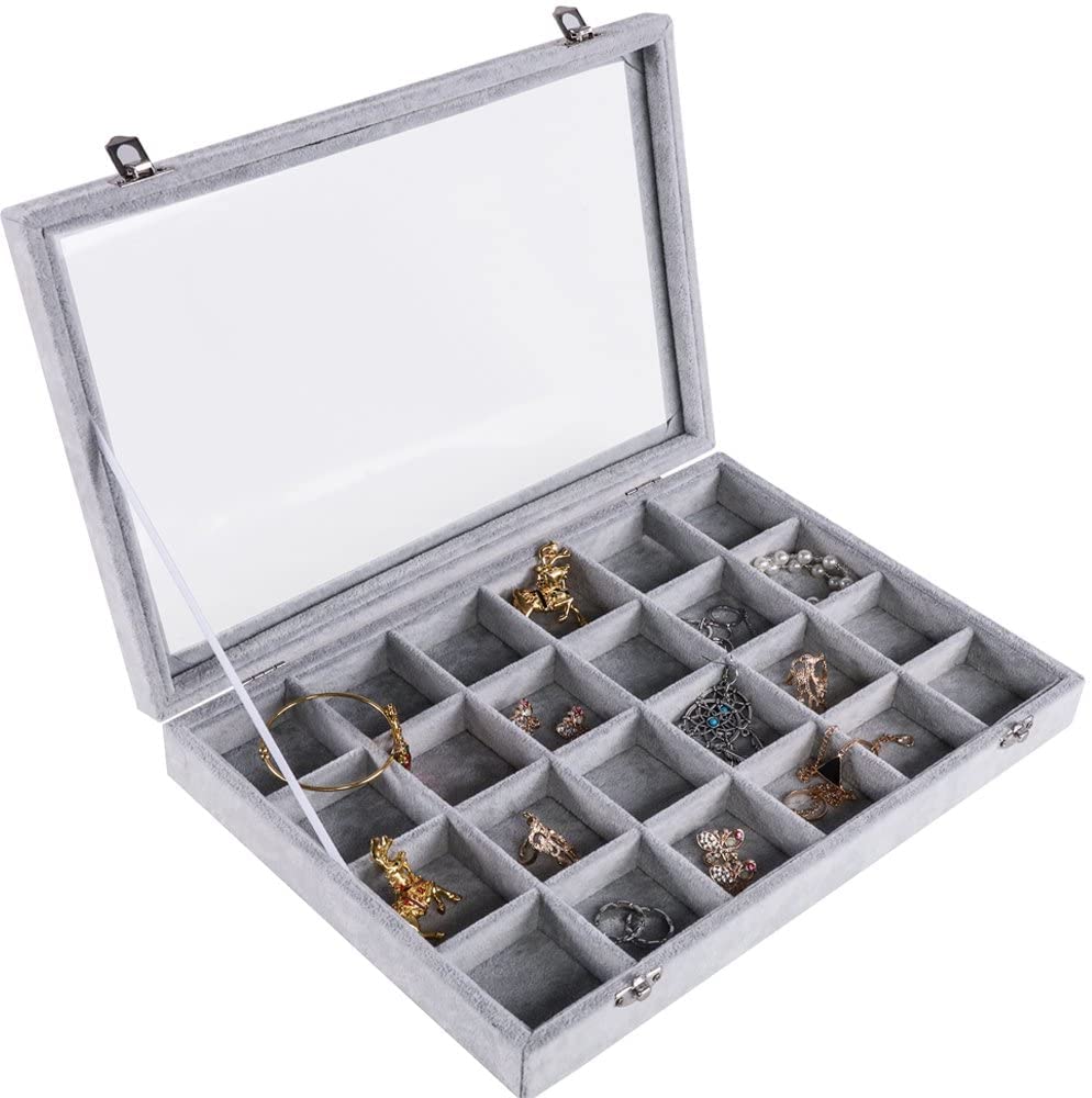 Basuwell Women's 24 Grids Box 24 Grids Velvet Glass Jewellery Ring Bracelet Display Organiser Case Holder Earrings Storage Box
