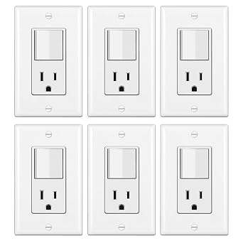 BESTTEN 6 Pack Combination Wall Light Switch and Decor Outlet, Single Pole Rocker Switch, 15A/120V, Decorative Receptacle, 15A/125V, Combo Style, Wallplate Included, Side Wire, UL Listed, White