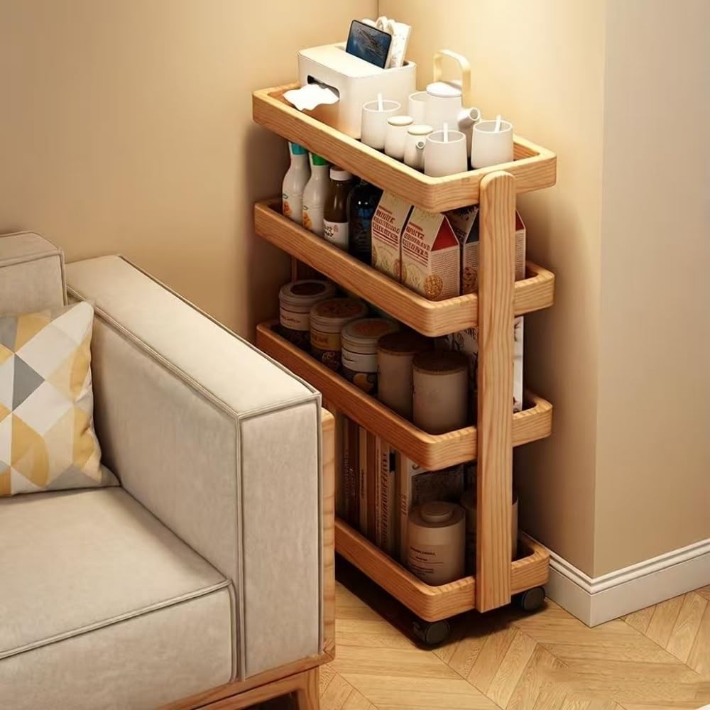 Vinta 4-Tier Solid Wood Rolling Cart with Lockable Wheels, Versatile Moveable Side Table for Living Room, Kitchen, and Storage Solutions