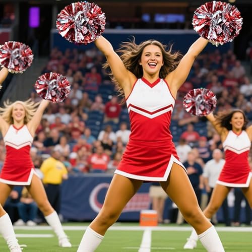 image for Hooshing 2PCS Red and Silver Pom Poms Cheerleading with Baton Handle f