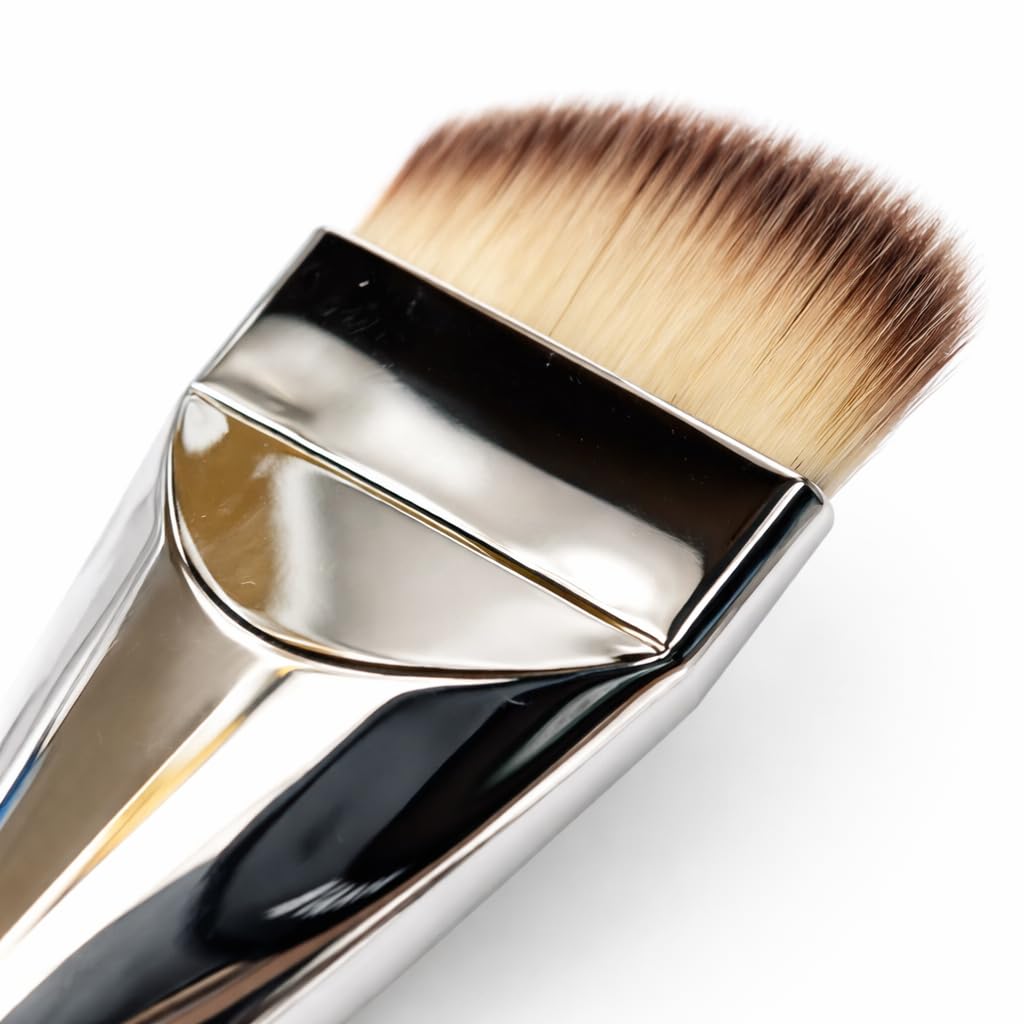 Glam Fan Makeup Brush, Synthetic Bristles, Silver Metallic Handle, for Foundation and Contouring