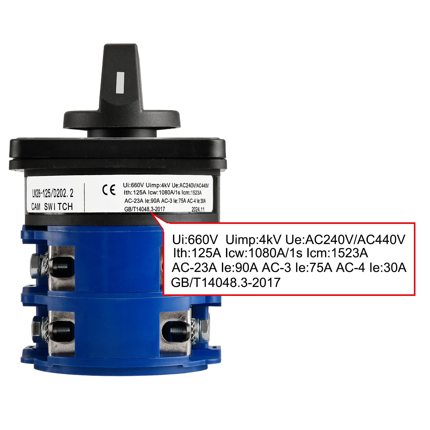 Heschen Commutatore rotativo a camma, LW28-125/D202.2, 125A 660VAC, 2 fasi, ON/OFF/ON 3 posizioni, 8 terminali
