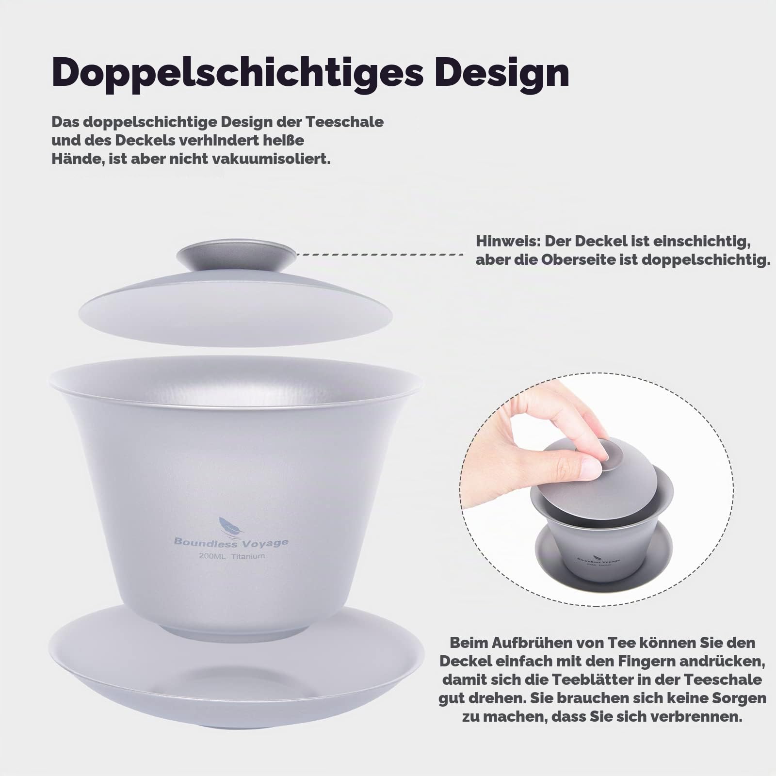 iBasingo 200ml Titan Gaiwan 3 35ml Kung Fu Teetasse & Untertasse mit Deckel Tragbares Reise Teeservice Chinesische Teeset Leichtes Outdoor Camping Doppelwandige Langlebige Teetassen Ti3124D