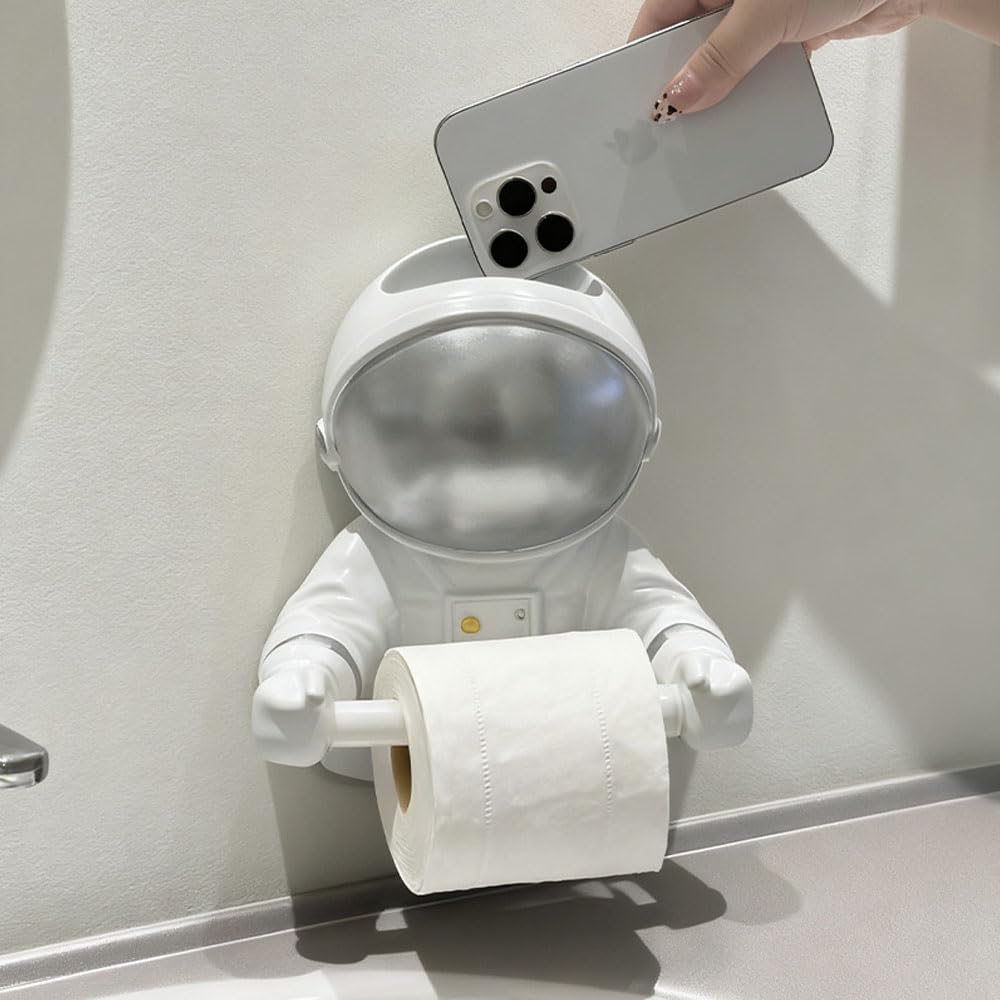 Soporte de pared para rollo de papel higiénico plateado con estante integrado