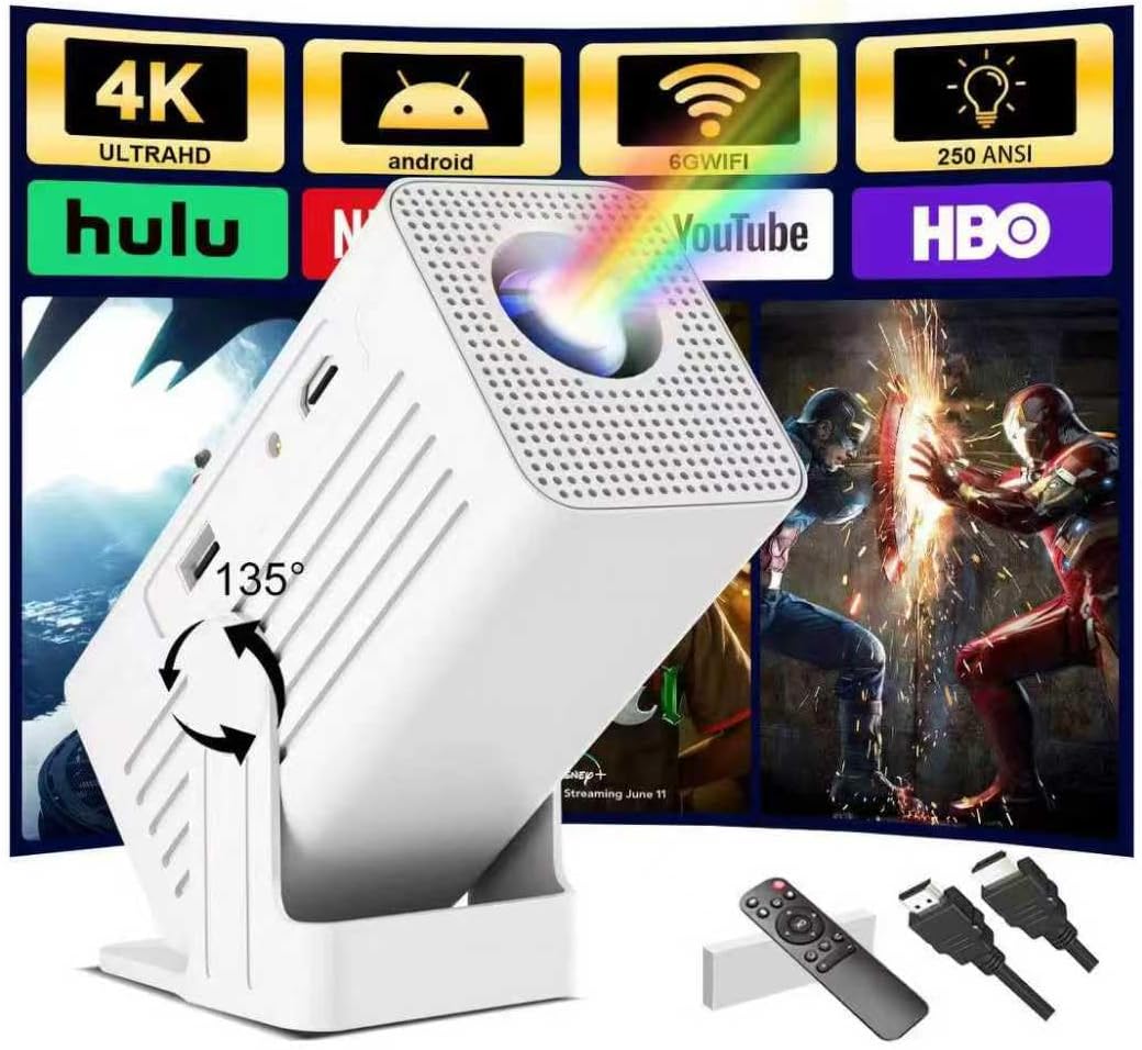 Mini Projector with WiFi and Bluetooth,Support Movie Projector 1080P HD,Auto Keystone Correction,135° Rotatable,Portable Projector Compatible with Smartphone, TV Stick, Laptop, HDMI, USB