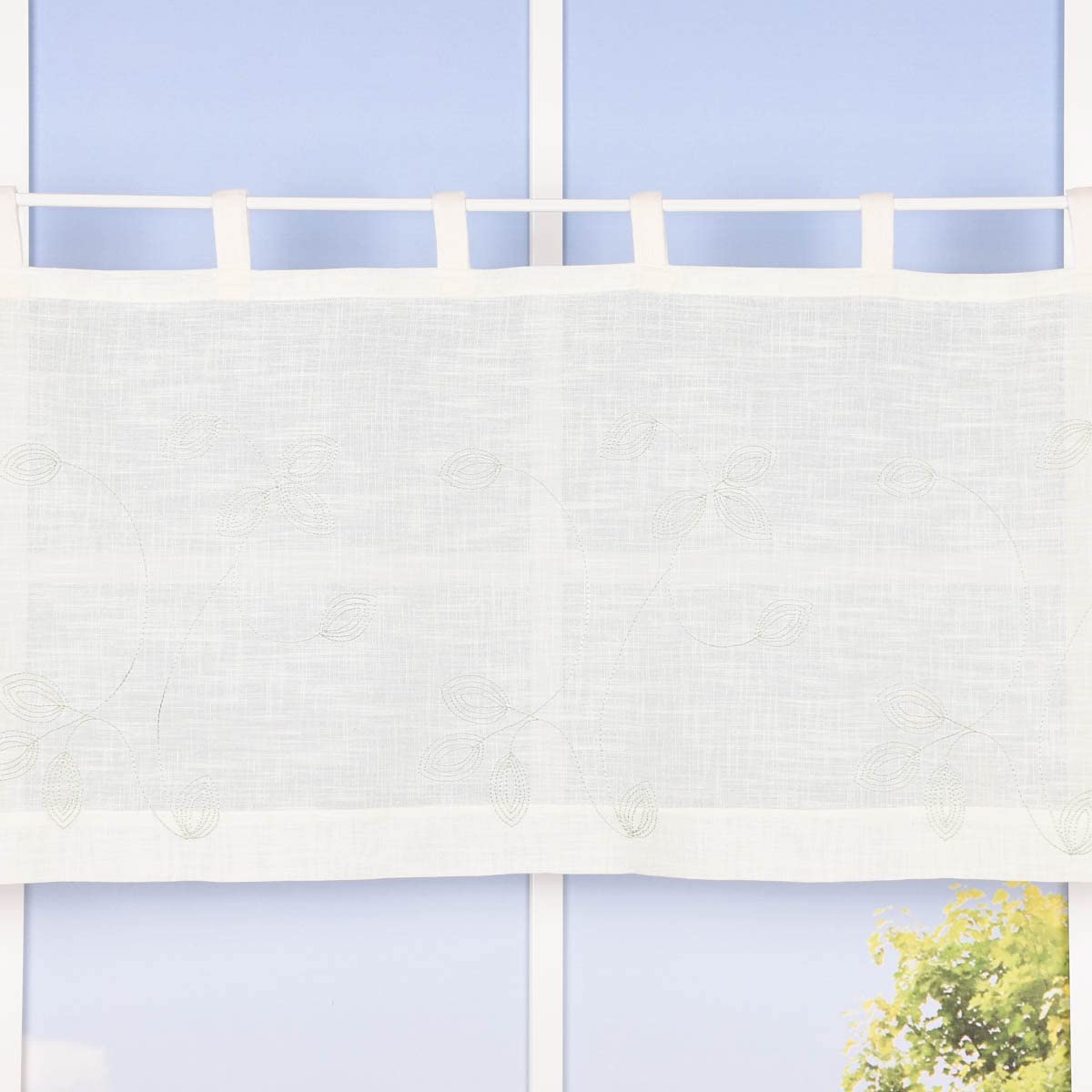 SCHÖNER LEBEN. Rideau brise-bise bio en coton bio avec broderie feuilletée - Structure en lin - Blanc laineux - Vert - 150 x 50 cm