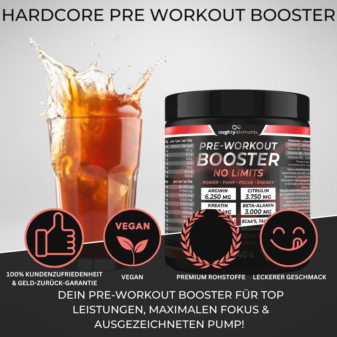 Mighty Elements Pre-Workout Booster No Limits Pulver, Arginin 6.250 mg, Citrullin 3.750 mg, Kreatin 3,3 g, Beta-Alanin 3 g, Koffein 248 mg, Green Apple Geschmack, 20 Portionen, 440 g