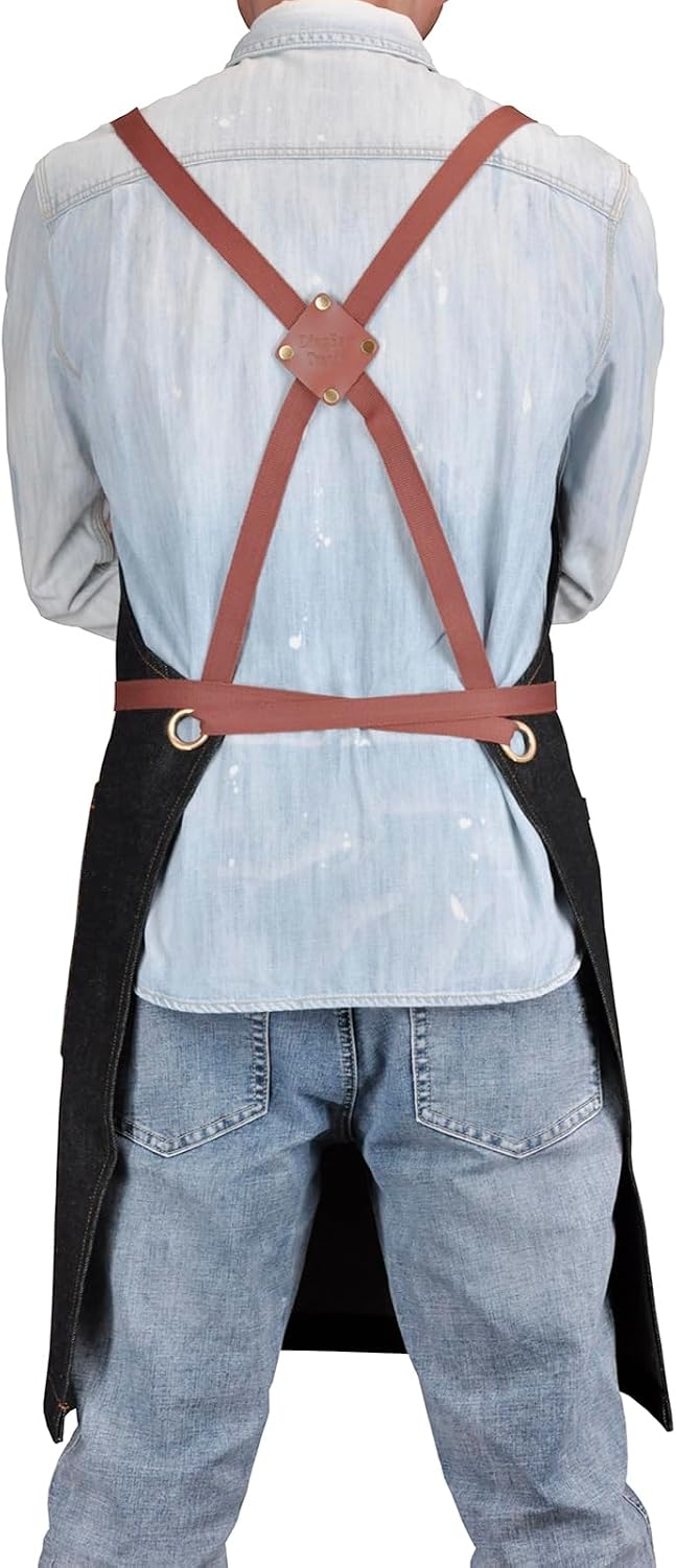 Professional Black Denim Apron with Pockets for Cooking Chef Kitchen Grill BBQ Hairstylist Painting, Mens Womens Apron with Leather Cross Back Straps