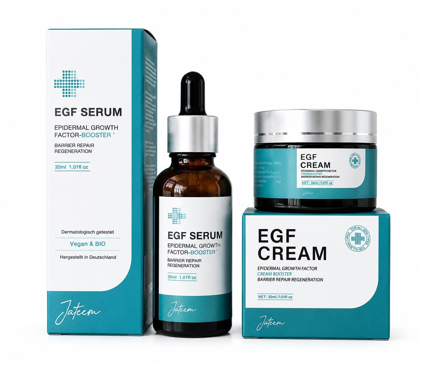 EGF Serum 30ml und Creme Set, Epidermal Growth Factor Booster, OLIGOPEPTIDE, hochdosiert Hautbilderneuerndes Reparatur Akne Narben Falten Flecken Konzentrat Microneedling Lifting, Made in DE