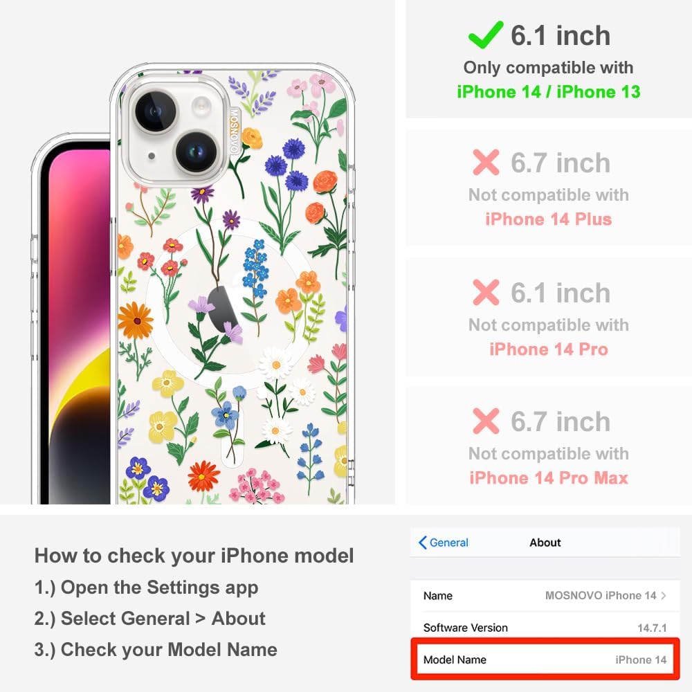 MOSNOVO Case for iPhone 14 / iPhone 13, [Compatible with Magsafe] [Buffertech 6.6ft Military-Grade Drop Protection] [Anti Peel Off Tech] Clear Phone Case Design - Botanical Floral - Image 2
