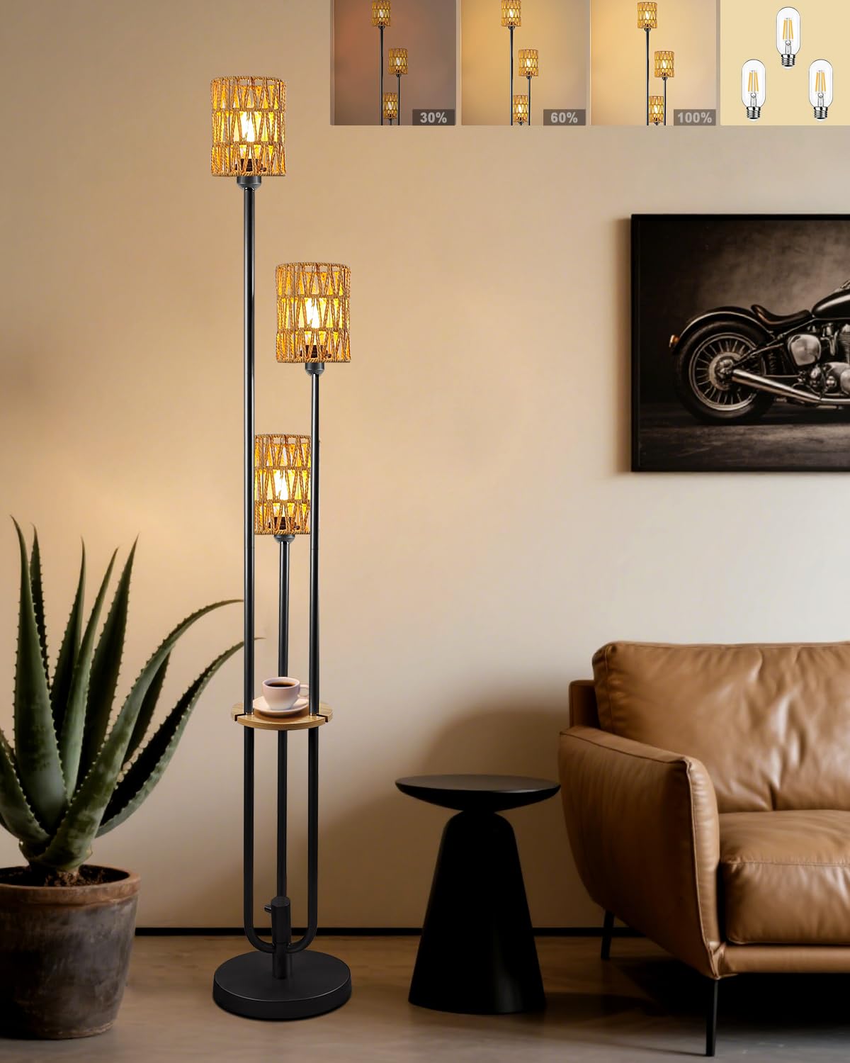 Lightdot Dimmable Boho Floor Lamps for Living Room, 3-Lights Rattan Floor Lamp with Shelves, 3000K Farmhouse Floor Lamp, Rustic Black Standing Lamp with Bulbs Included/Sofa Beside/Corner Decor