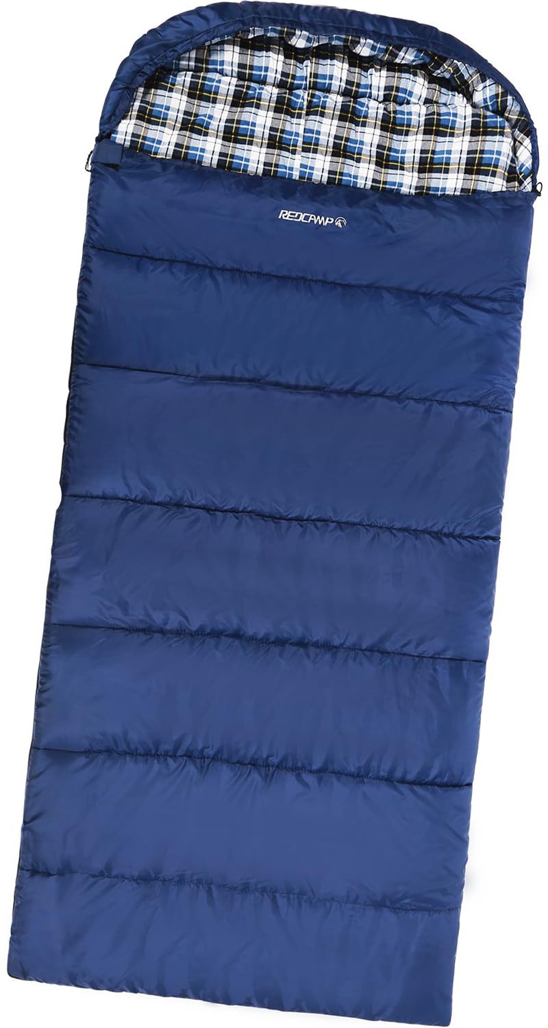 REDCAMP XL 32 41 50F Comfortable Cotton Flannel Sleeping Bag for Adults Envelope with Compression Sack Navy Blue