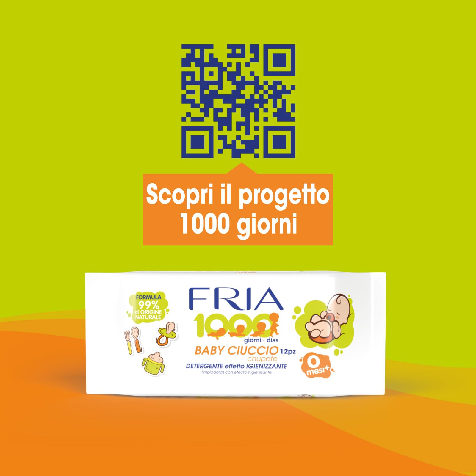 Fria Baby Ciuccio Salviette Pulisci Ciuccio Biberon Tettarelle Azione Igienizzante 99% Origine Naturale Confezione Borsa 12 Salviette