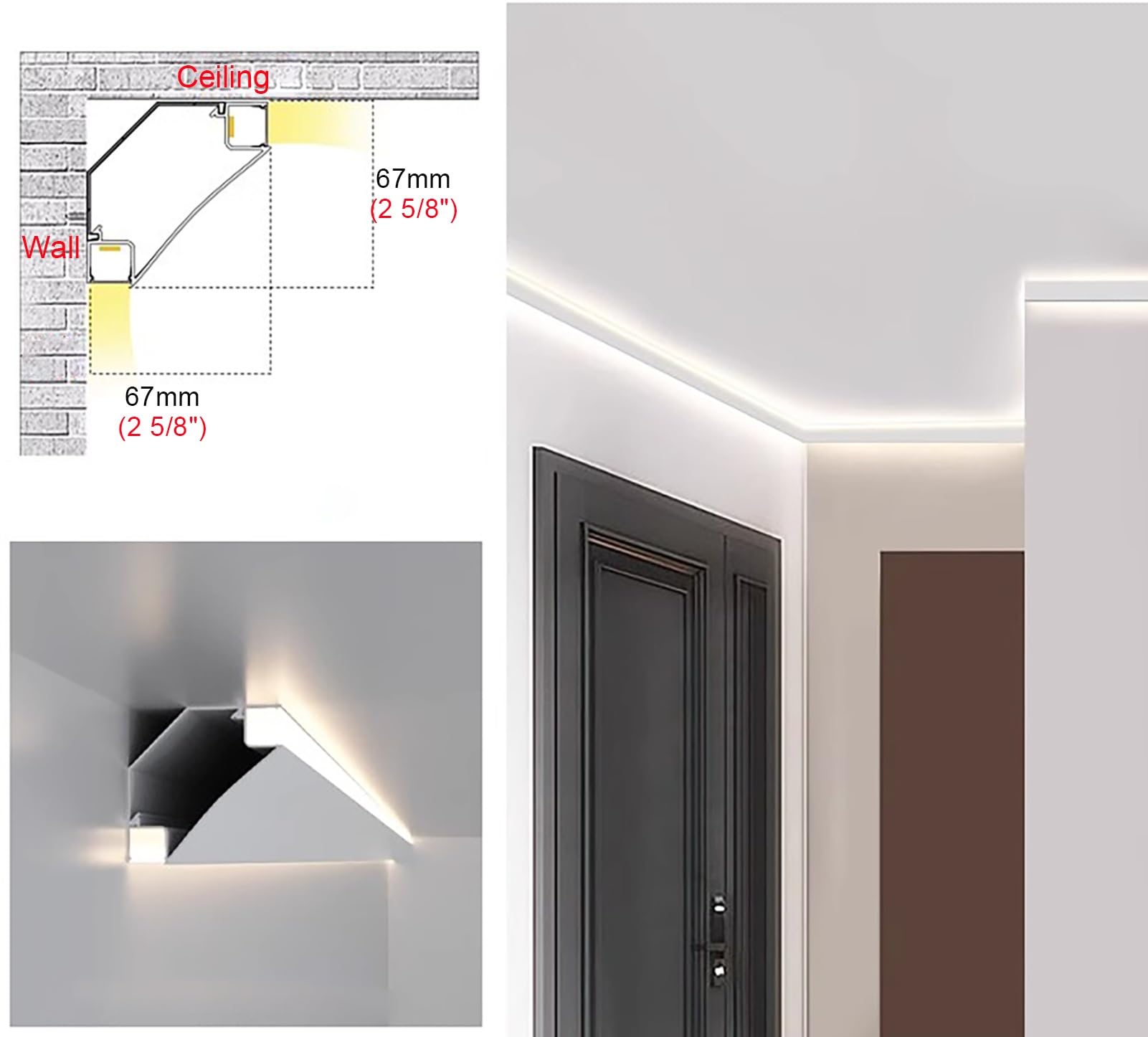 Profili per Strisce Led Illuminazione Battiscopa Diffusore Striscia Led per Interni, Canale in Alluminio Modanatura Corona per Soffitto / Cornicione, Canale Illuminazione Indiretta Decorativa Led(3.0m