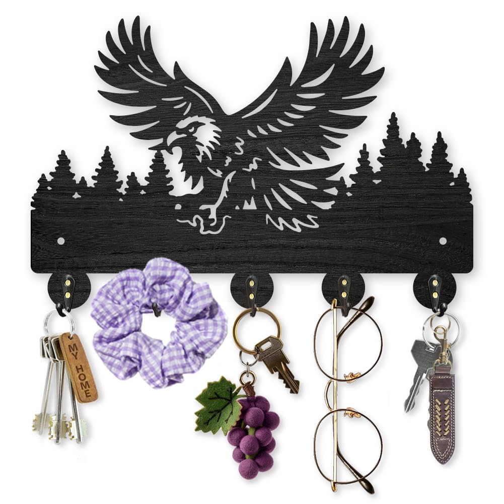 MAYJOYDIY Wall Key Hook, Black Wooden Bird Design, 30 x 20 cm, 5 Alloy Hooks, Decorative Coat Holder, Black Key Hanger for Wall Art Decor Entryway Front Door Room Kitchen Office