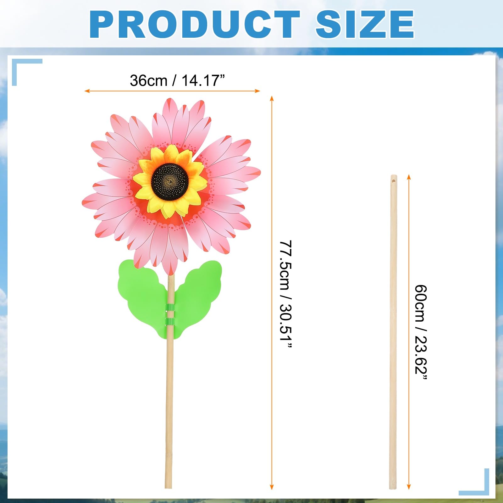 QUARKZMAN 6 Hojas Molinillos De Viento 14.2" Molino De Viento Rosa/Blanco | Giratorio Degradado Con Girasol, De Madera Con Palos De Girasol, Para Jardín Patio Césped Fiestas