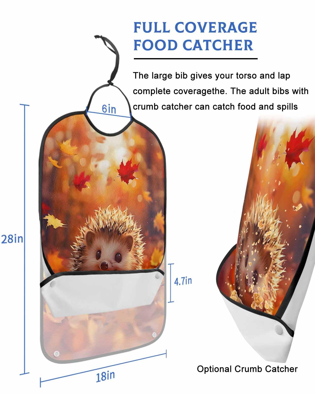 Fall Maple Leaf Adult Bib for Adults Men, Women, Forest Orange Red Autumn Watercolor Washable & Adjustable Terry Cloth Bib with Crumb Catcher Reusable Waterproof Clothing Clothes Protector Apron