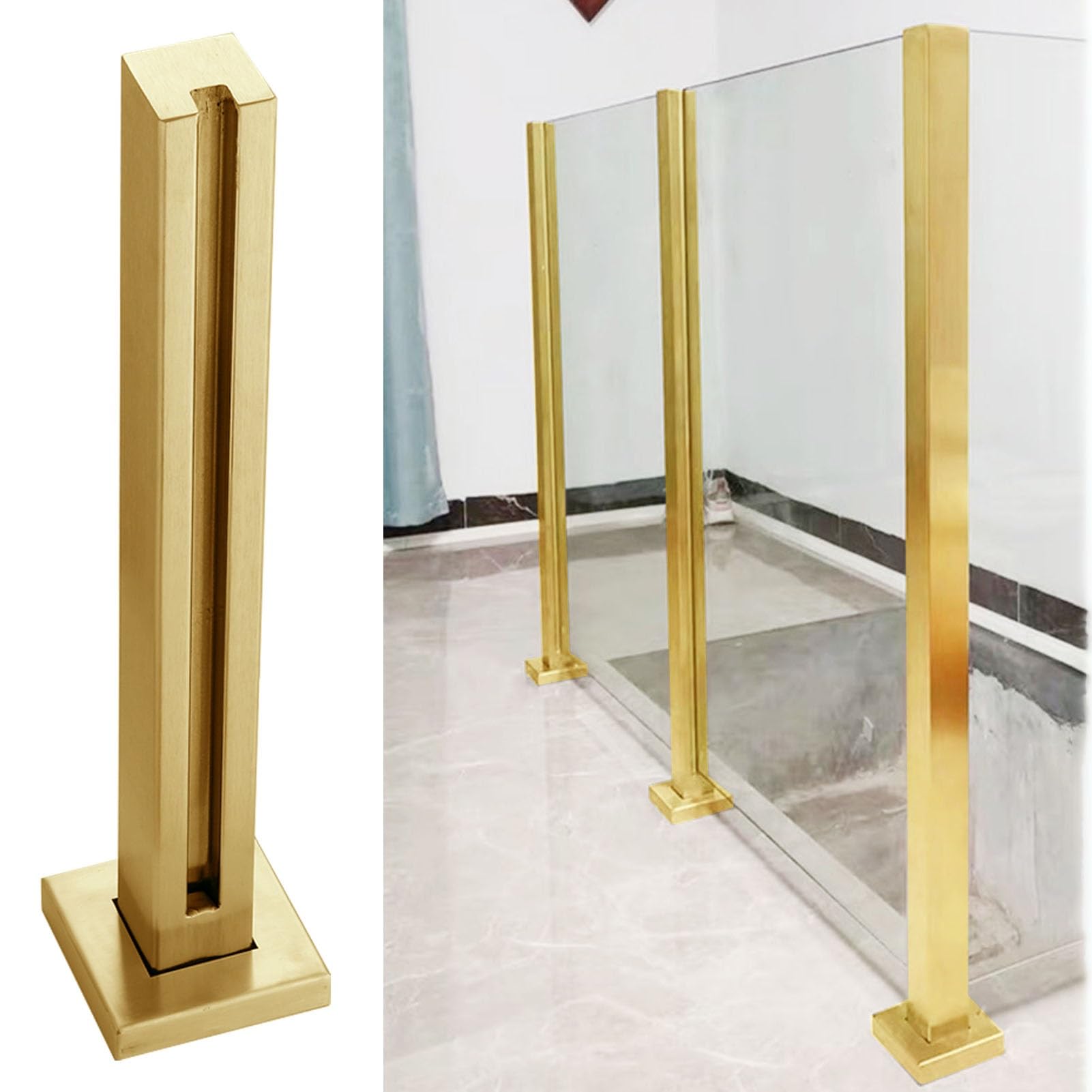 Poste de barandilla de vidrio dorado de diseño elegante y base cepillada 1